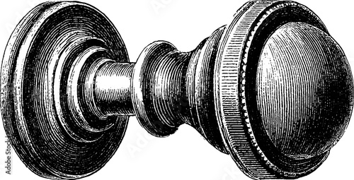 Vintage engraved illustration of a worn cupboard knob for retro design