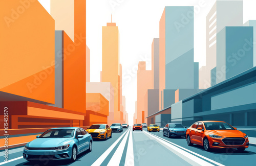 City street with modern buildings and cars driving in both directions
