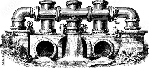 Vintage industrial illustration of elaborate water pipe system for retro design and decor