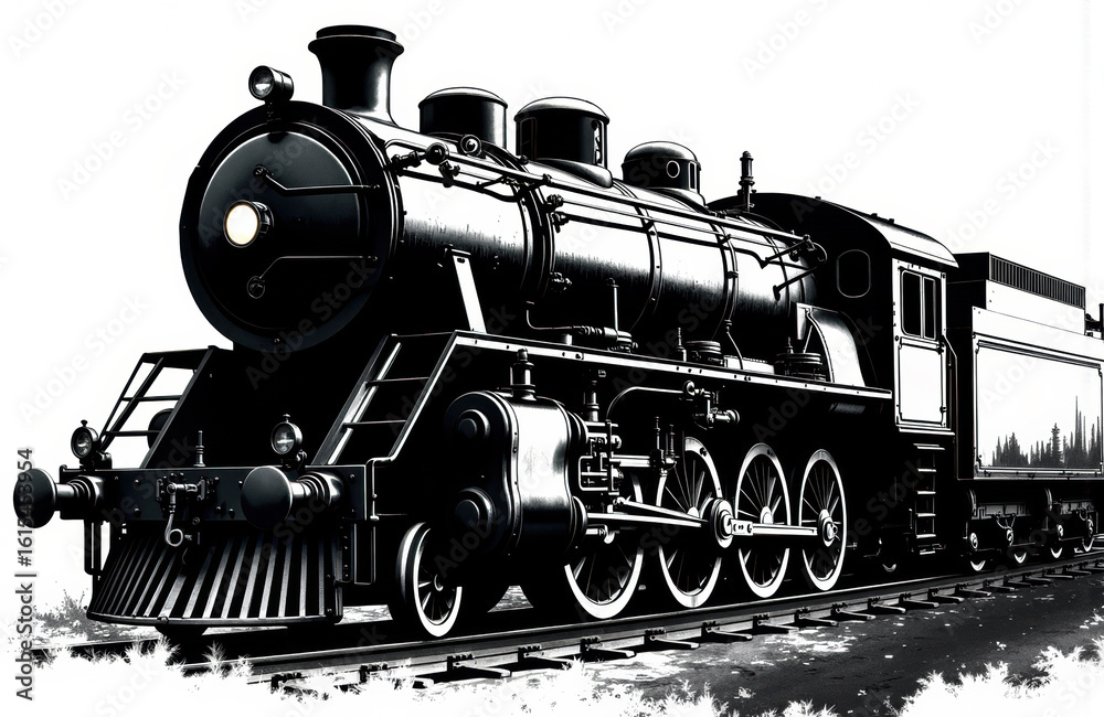 Fototapeta premium A vintage steam locomotive train moving along railway tracks in black and white