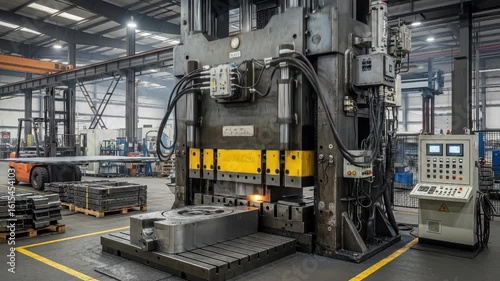 In a factory, a large industrial press is shown stamping metal, creating sparks, the scene showcases mechanical strength and precision manufacturing.