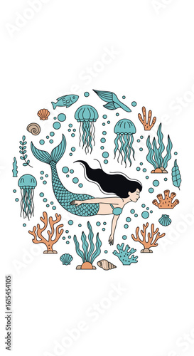 Enchanting underwater world depicting a graceful mermaid amidst marine life and coral reefs
