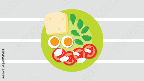 Breakfast with boiled eggs cheese tomatoes slices bread and leaves served in a plate top view vector illustration 