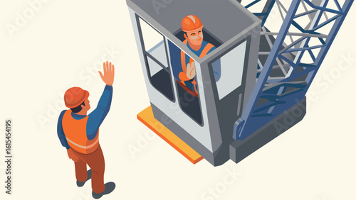 Two workers in hard hats one waving from crane cab and other on the ground also waving hand up