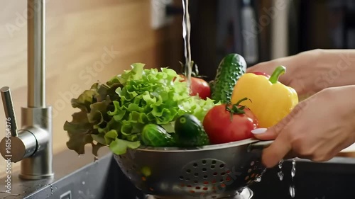 Hands holding stainless steel colander with fresh vegetables under running faucet