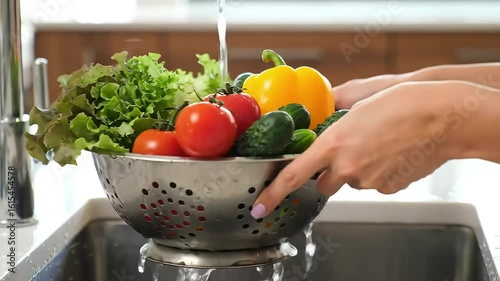 Hands Washing lettuce, tomatoes, cucumbers, and bell peppers in colander with water splash