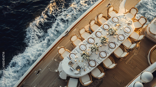 Elegant table set up on a boat featuring fine dining and scenic views of the open water