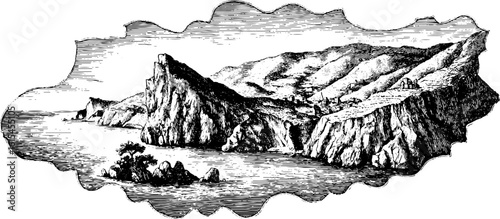 Vintage engraving of hand drawn coastline landscape for retro design