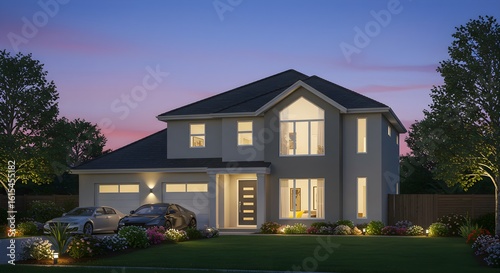 Modern house facade shines at twilight. Exterior home view showcases architecture, landscaping, cars, residential lifestyle. Ideal for real estate, marketing, or editorial use.