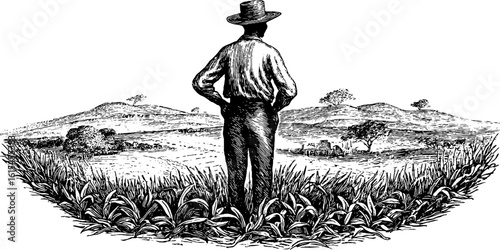Vintage engraving of man standing in field looking at distant hills