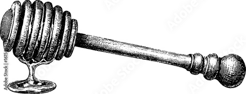 Vintage engraving of honey dipper with dripping honey for retro design and decor