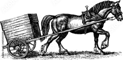 Vintage hand-drawn engraving of horse pulling wooden cart for retro design