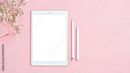 Blank ipad pro mockup with pencil and flowers on pink background for creative design