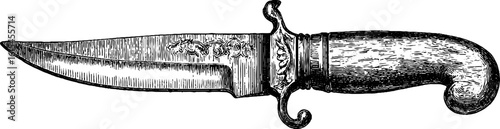Vintage engraved knife with wooden handle design for historical print or craft