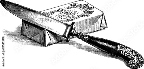 Engraved illustration of knife resting on butter for vintage kitchen design