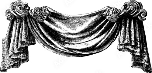 Vintage engraved illustration of a partially open lace curtain for retro design projects