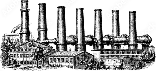 Industrial heritage engraving of factory chimneys and buildings for vintage design projects