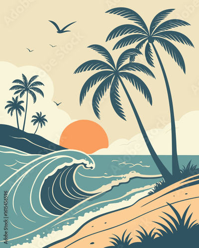 Stylized tropical beach scene with palm trees and crashing waves at sunset