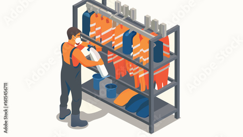 Worker sanitizing safety gear on a metal rack with orange and blue uniforms in an industrial setting