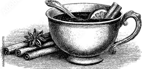 Vintage hand drawn engraving of mulled wine in ceramic mug with spices for holiday design