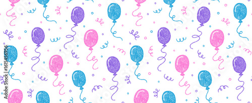 Birthday seamless pattern with crayon balloons and confetti. Hand drawn doodle flying balloons with color chalk texture on white background. Anniversary party seamless pattern, vector illustration
