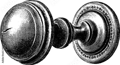 Vintage engraved illustration of old drawer knob with tin detailing for retro design projects