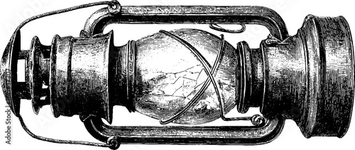Vintage engraved illustration of cracked old lantern for retro design and decor