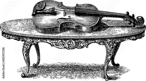 Vintage engraved violin on ornate table for retro music design