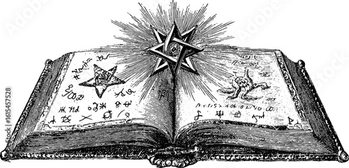Mystical grimoire with arcane symbols for vintage design and occult themes