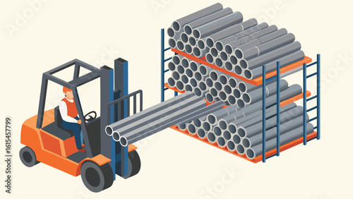 Forklift operator lifting metal pipes from a storage rack in a warehouse setting with a neutral backdrop