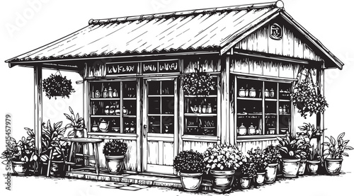 Quaint Boutique Facade - Hand-Drawn Storefront with Plants