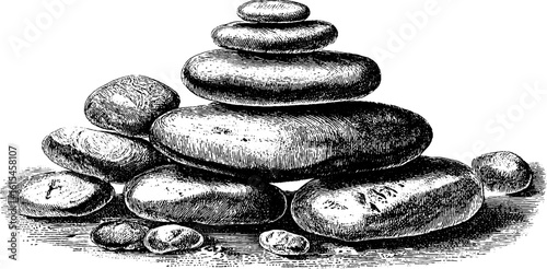 Engraved illustration of balanced pebble stack for zen and harmony design