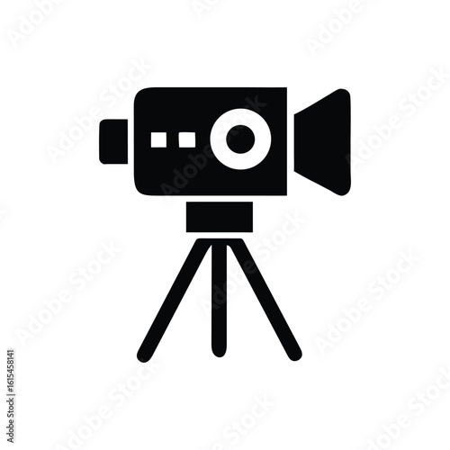 Black silhouette of a video camera mounted on a tripod representing filming and production