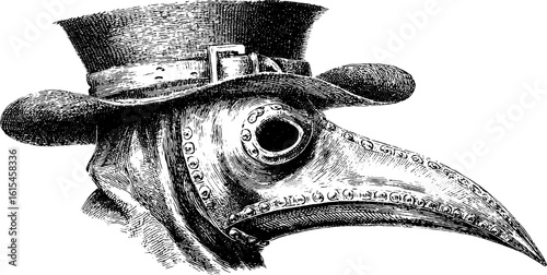 Vintage engraved illustration of plague doctor mask with hat for historical design