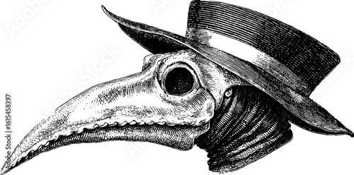 Vintage engraved plague doctor mask illustration for historical design