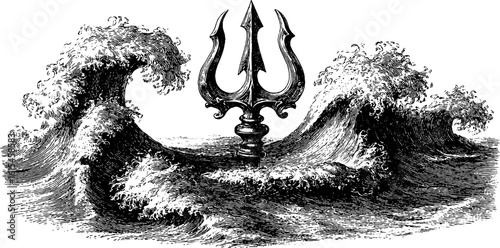 Vintage engraving of poseidon's trident amongst ocean waves - nautical mythology design for posters