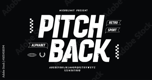 Pitch Back: a bold modern display font blending urban sport and futuristic styles. Complete A to Z alphabet for dynamic logos, e-sports branding, and athletic-themed visuals.