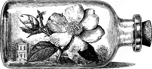 Engraved illustration of pressed flower in glass bottle with vintage design for artistic decor