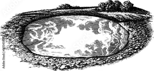 Reflective morning puddle in engraved vintage illustration for retro design