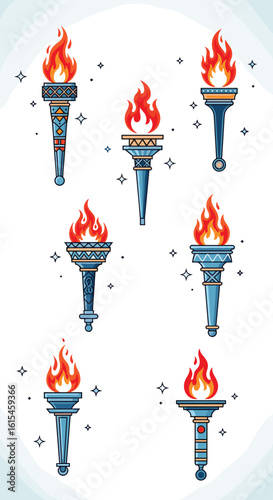 Collection of pixel art torches symbolizing triumph and the olympic spirit with blazing flames