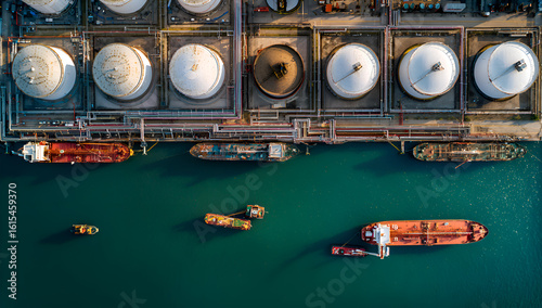 Aerial view of oil storage tanks and ships at port