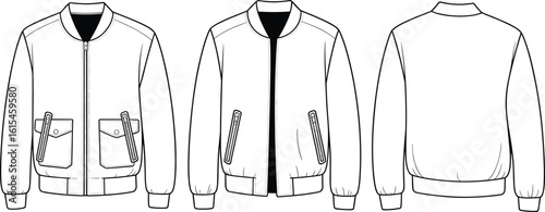 Cad drawing flat vector illustration of men's bomber jacket, zip front, flap pockets with zipper detail, ribbed cuffs and hem, casual fashion design