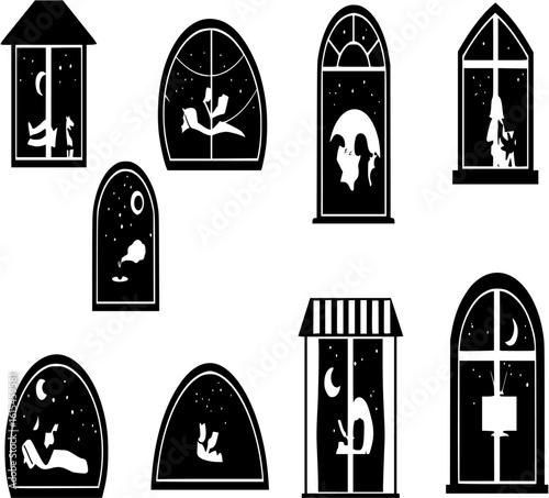 Night windows set with silhouettes vector illustration cartoon flat design modern style
