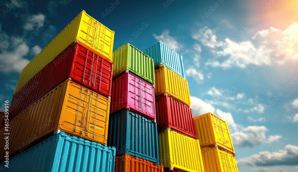 Fototapeta premium Stacked colorful shipping containers against a vibrant blue sky