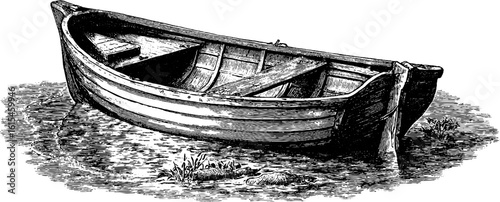 Vintage rowboat engraving in shallow waters - hand drawn maritime art for coastal design