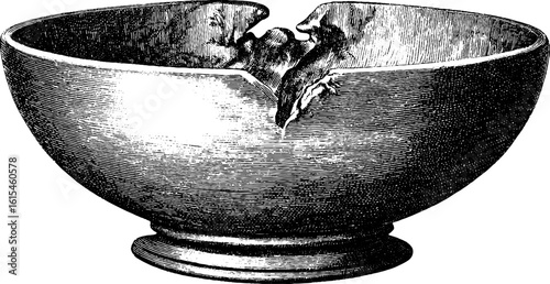 Vintage engraving of a simple clay bowl with crack - artistic design for decor and study