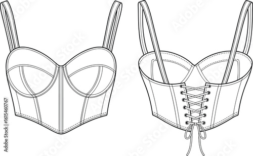 Strappy corset top with structured cups, back lace-up closure and panel seams, CAD drawing flat vector fashion illustration