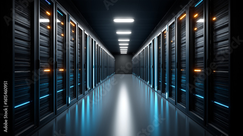 Infinite corridor of black server racks with cyan LED indicators