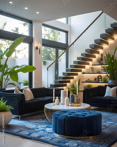 luxurious interior design of a living room with steps and plants
