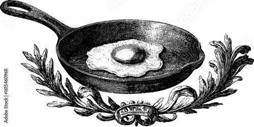 Vintage engraving of skillet with fried egg for culinary art and design